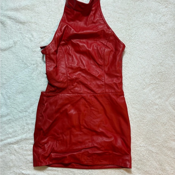 Retrofete Bold Red Halter Leather Mini Roxy Dress - Picture 4 of 9
